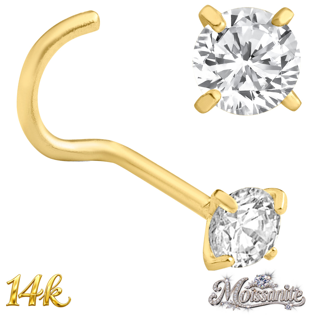 14k Solid Yellow Gold Cork Screw Nose Ring with Moissanite