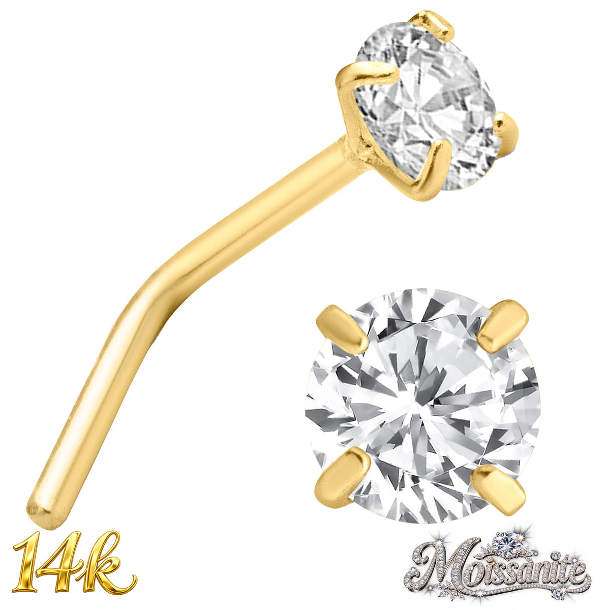 14k Solid Yellow Gold L-Shape Nose Ring with Moissanite