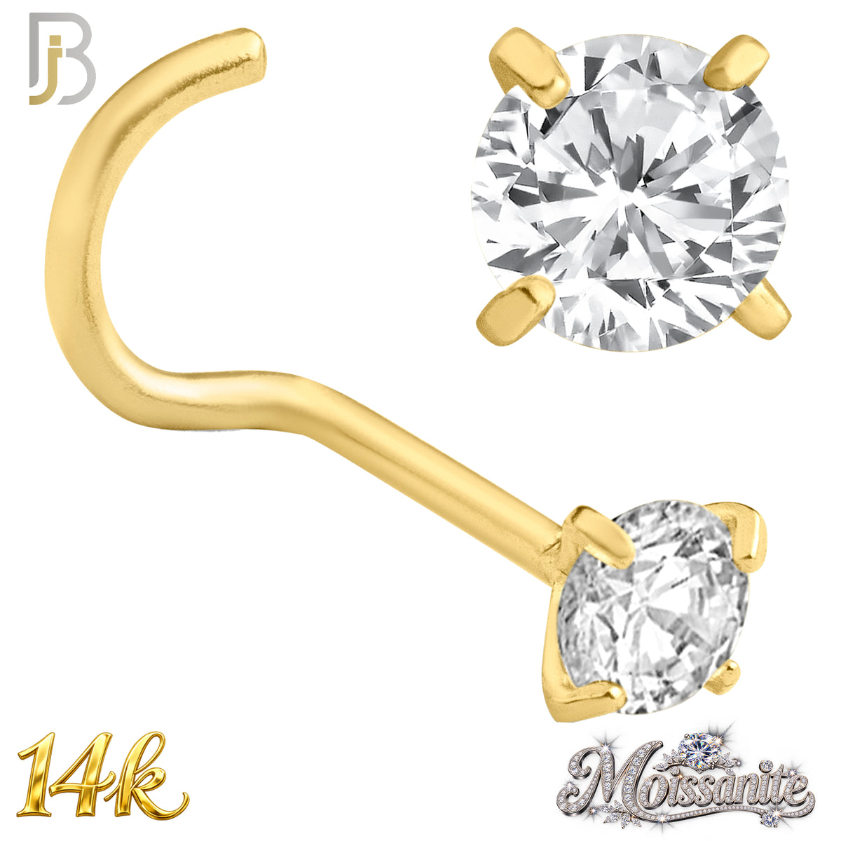 14k Solid Yellow Gold Cork Screw Nose Ring with Moissanite