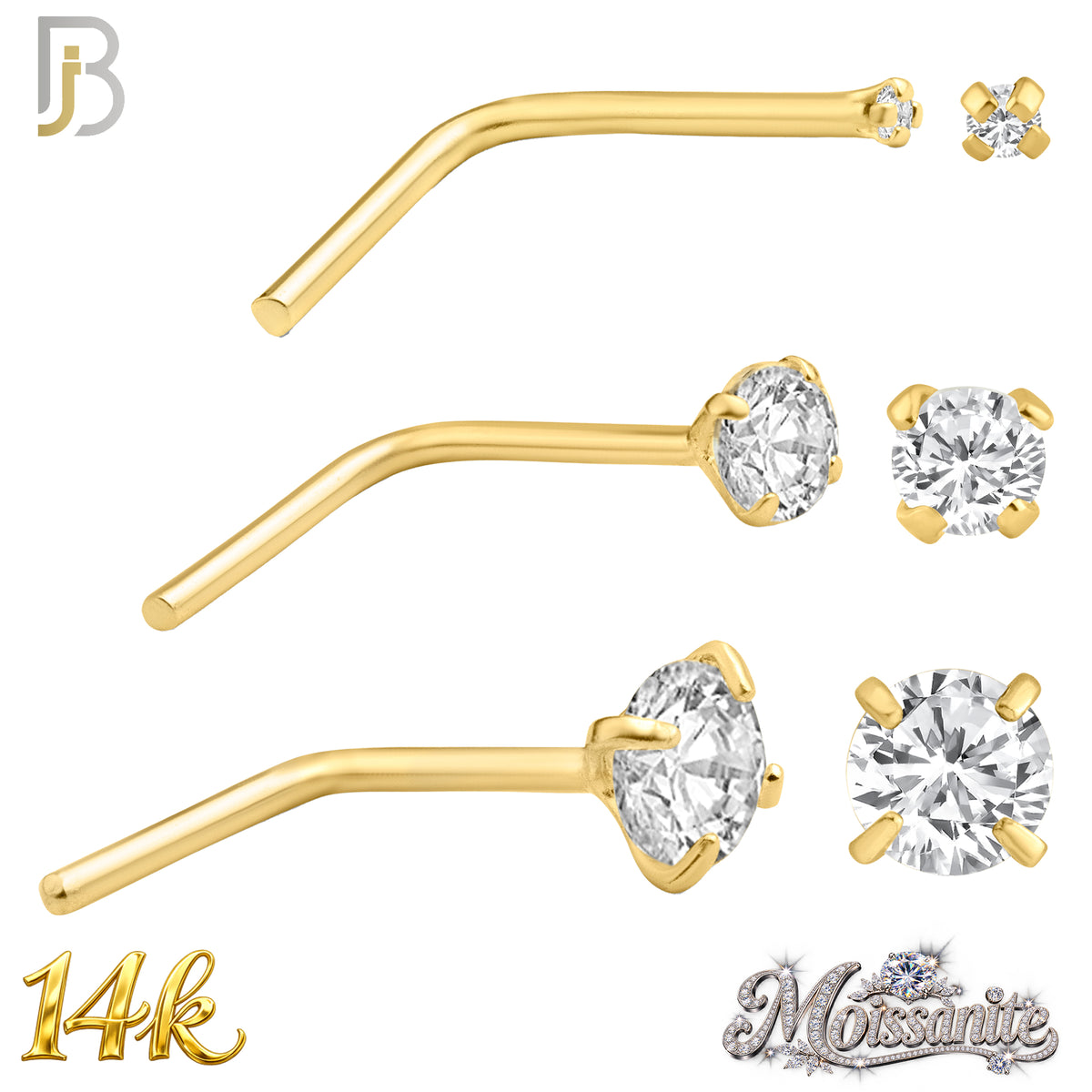 14k Solid Yellow Gold L-Shape Nose Ring with Moissanite