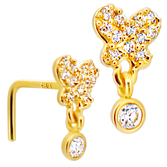 14k Yellow Gold Solid CZ Studded Butterfly with Dangling Round CZ in Bezel Setting