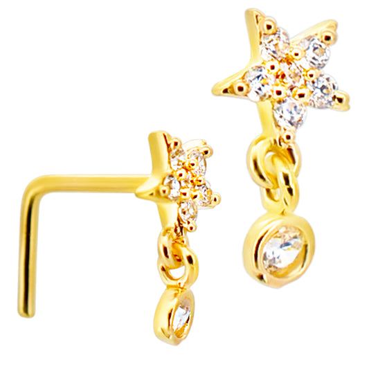 14k Yellow Gold CZ Studded Star with Dangling Round CZ in Bezel Setting