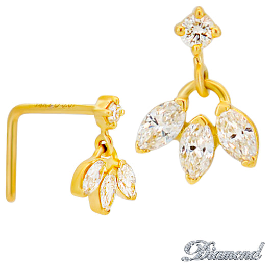 14k Yellow Gold Dangling 3 Marquise Lotus Flower with Natural Diamond L-Shaped Nose Ring