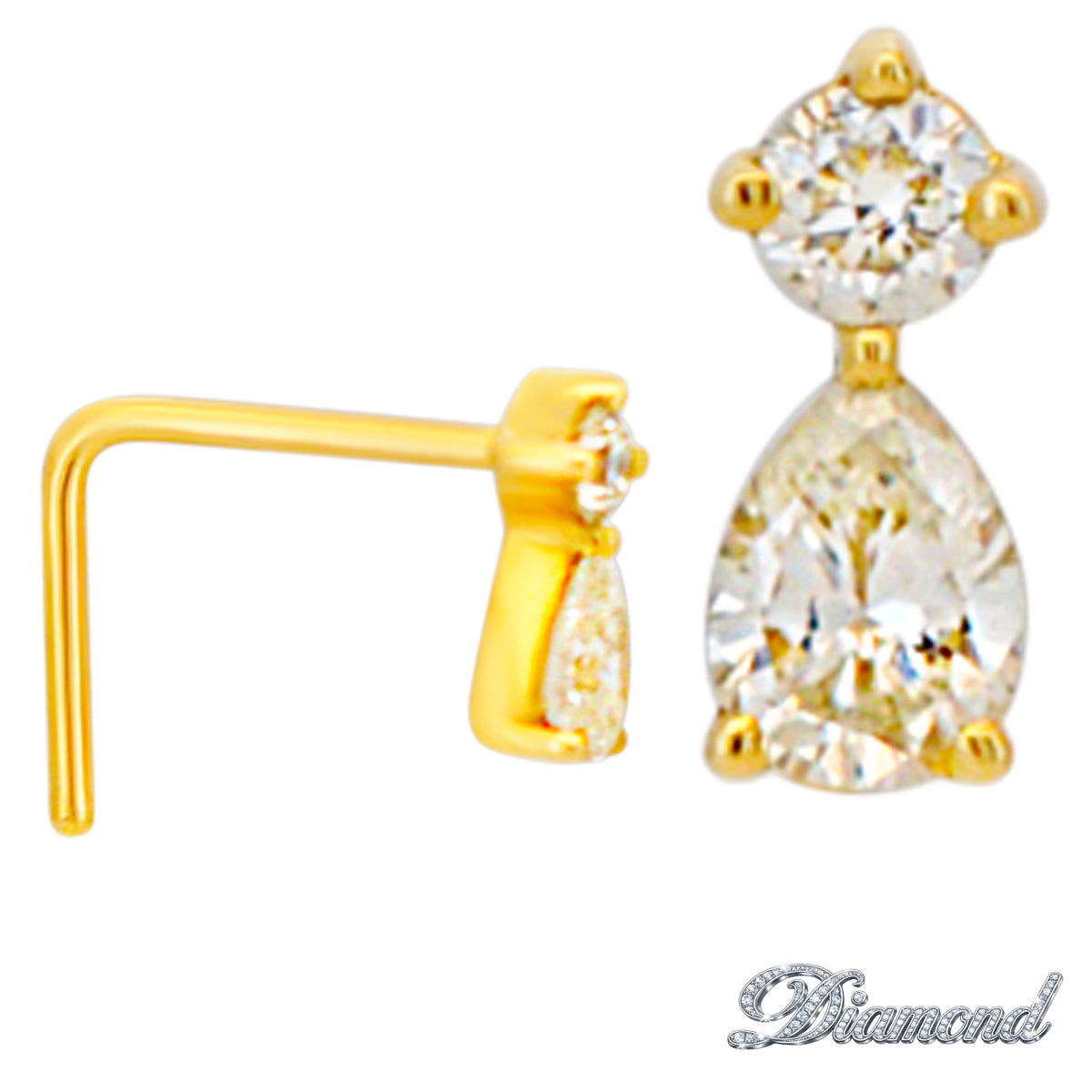 14k Yellow Gold Pear and Round Natural Diamond Cluster L-Shaped Nose Ring