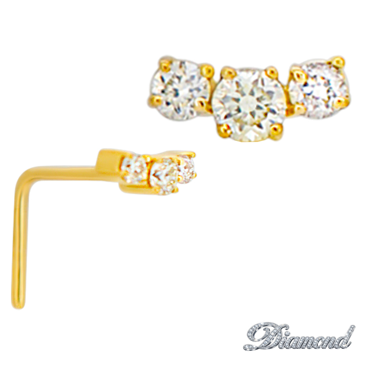 14k Yellow Gold Three Round Natural Diamond Cluster L-Shaped Nose Ring