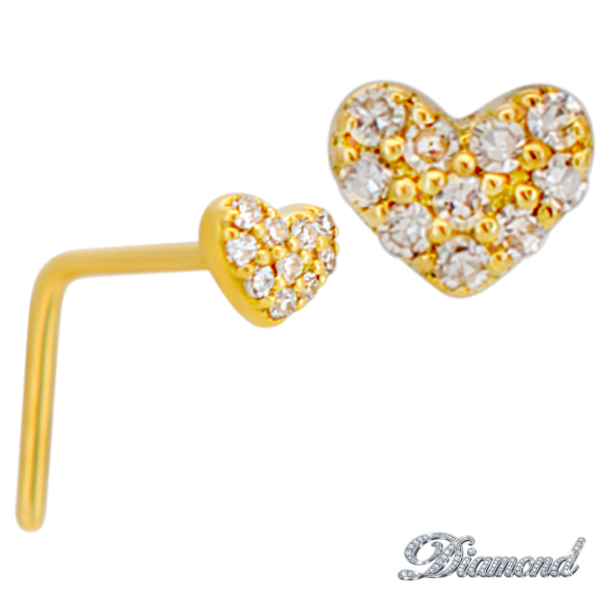 14k Yellow Gold Tiny Heart Paved with Natural Diamond L-Shaped Nose Ring