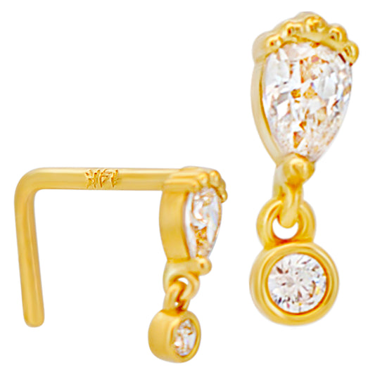 14k Solid Gold Pear Shaped CZ with Round Dangle in Bezel Set Dangle L-Shaped Nose Ring
