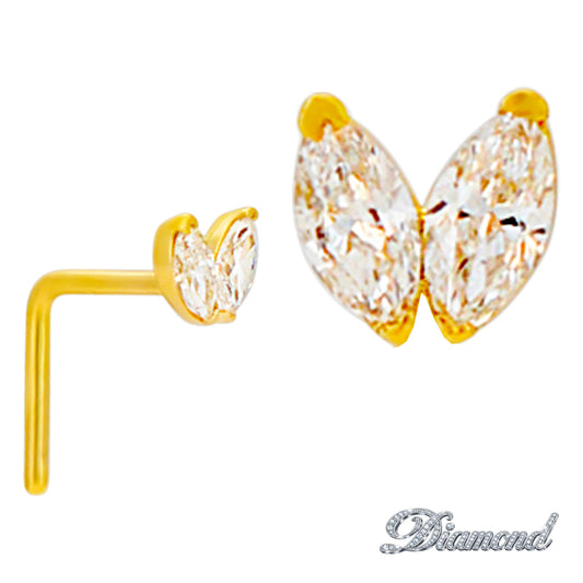 14k Yellow Gold Two Marquise Natural Diamonds Wings L-Shaped Nose Ring