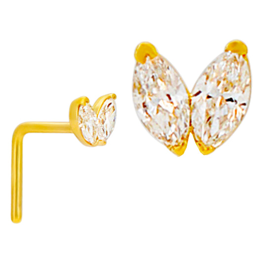 14k Yellow Gold Two Marquise Cubic Zirconia Wings L-Shaped Nose Ring