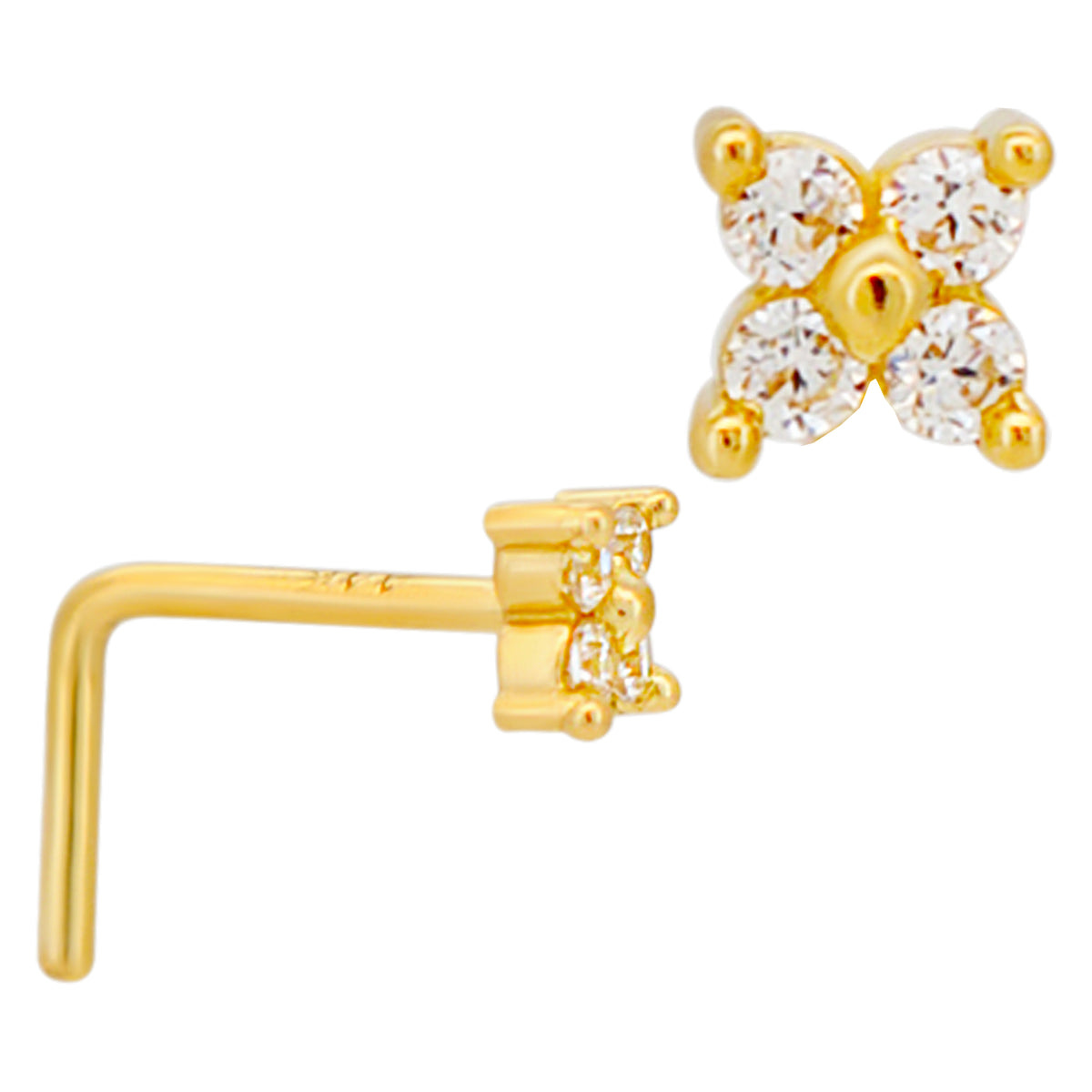 14k Yellow Gold Four Petal Flower L-Shaped Nose Ring