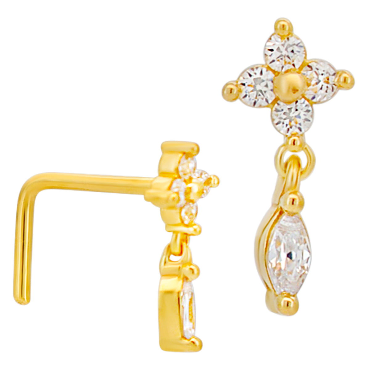 14k Solid Gold Four Petal Flower with Teardrop CZ Dangle L-Shaped Nose Ring