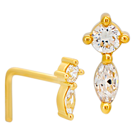 14k Yellow Gold Round & Marquise Cubic Zirconia L-Shaped Nose Ring