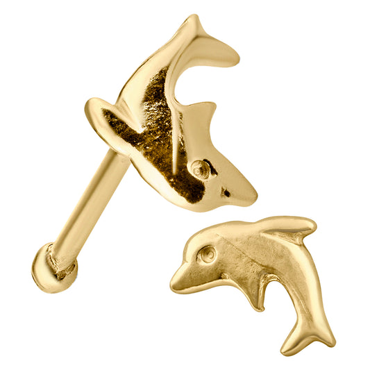 14k Solid Gold Nose Bone with Dolphin Design, 7mm Length 22g Thickness Bar, Trendy Jewelry, Sexy Jewelz, Los Angeles