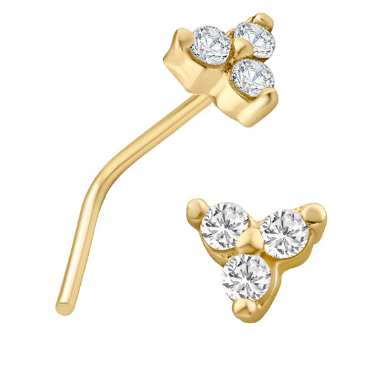 14k Solid Gold Prong Setting Three Stone Triangle Shape Nose Stud