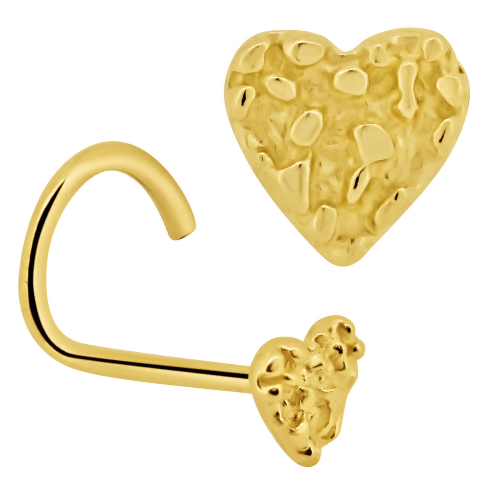14k Solid Gold Rough Surface Nugget Heart Nose Bone, Nose Screw