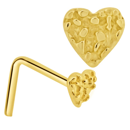 14k Solid Gold Rough Surface Nugget Heart Nose Bone, Nose Screw, L-Shape Bar - 7mm Length 22g Thickness | Sexy Jewelz | Los Angeles | Nose Bone
