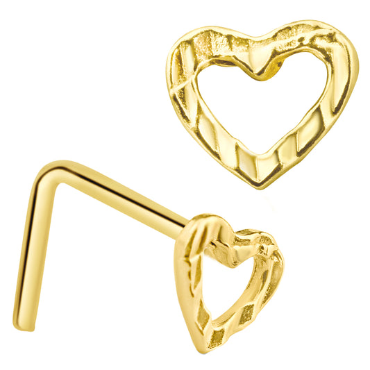 14k Yellow Gold Hollow Heart L-Shaped Nose Ring