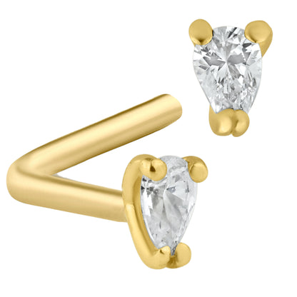 14k Solid Gold L-Shaped Nose Ring with Pear Shape Cubic Zirconia in Prong Setting