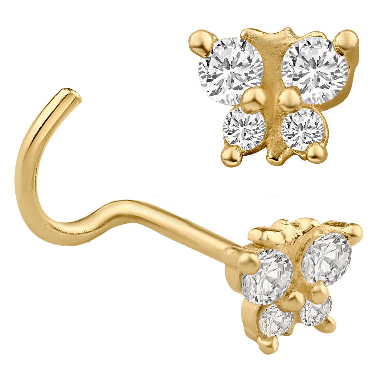 14k Yellow Gold Butterfly Design with Cubic Zirconia Nose Screw