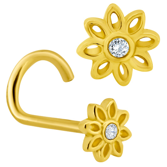 14k Yellow Gold Flower Design with Cubic Zirconia Nose Screw