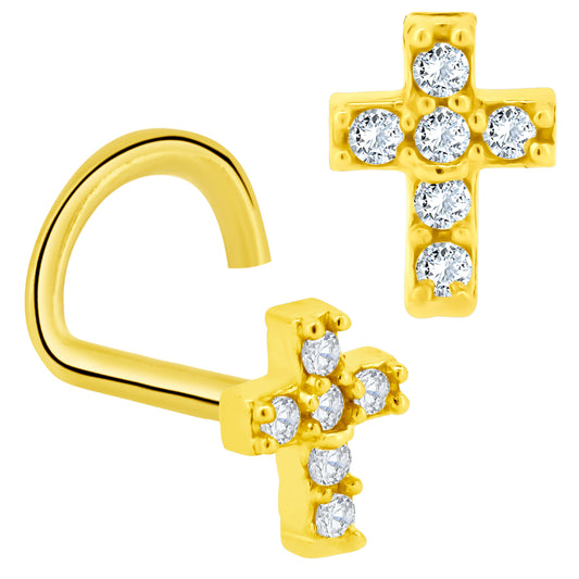 14k Yellow Gold Cross with Cubic Zirconia Nose Screw
