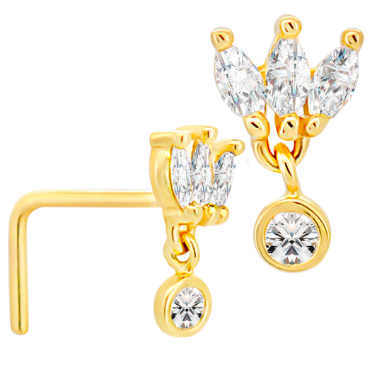 14k Gold Lotus with Dangling Round Cubic Zirconia L-Shaped Nose Ring
