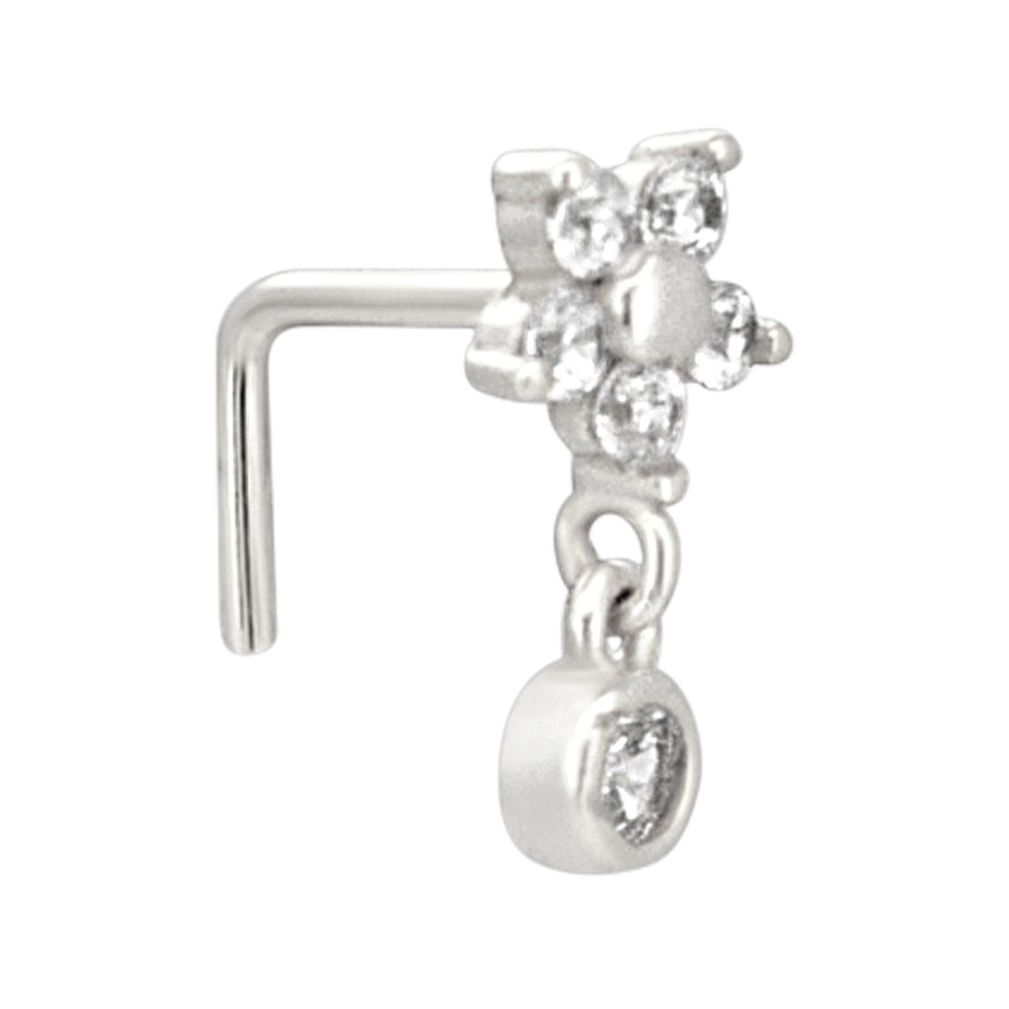 Sterling Silver Five Petal Flower Dangling CZ L-Shaped Nose Ring