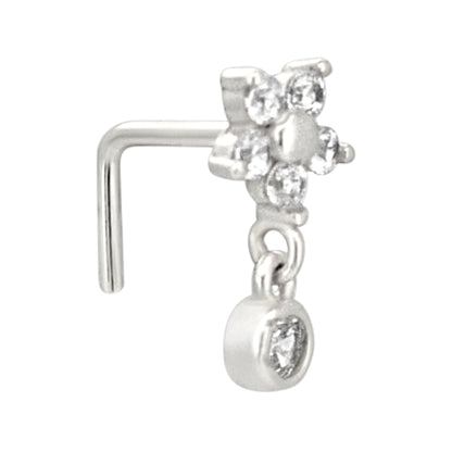Sterling Silver Five Petal Flower Dangling CZ L-Shaped Nose Ring