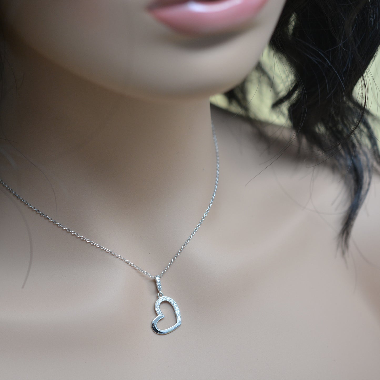 925 Sterling Silver Hollow Heart Pendant Necklace with CZ