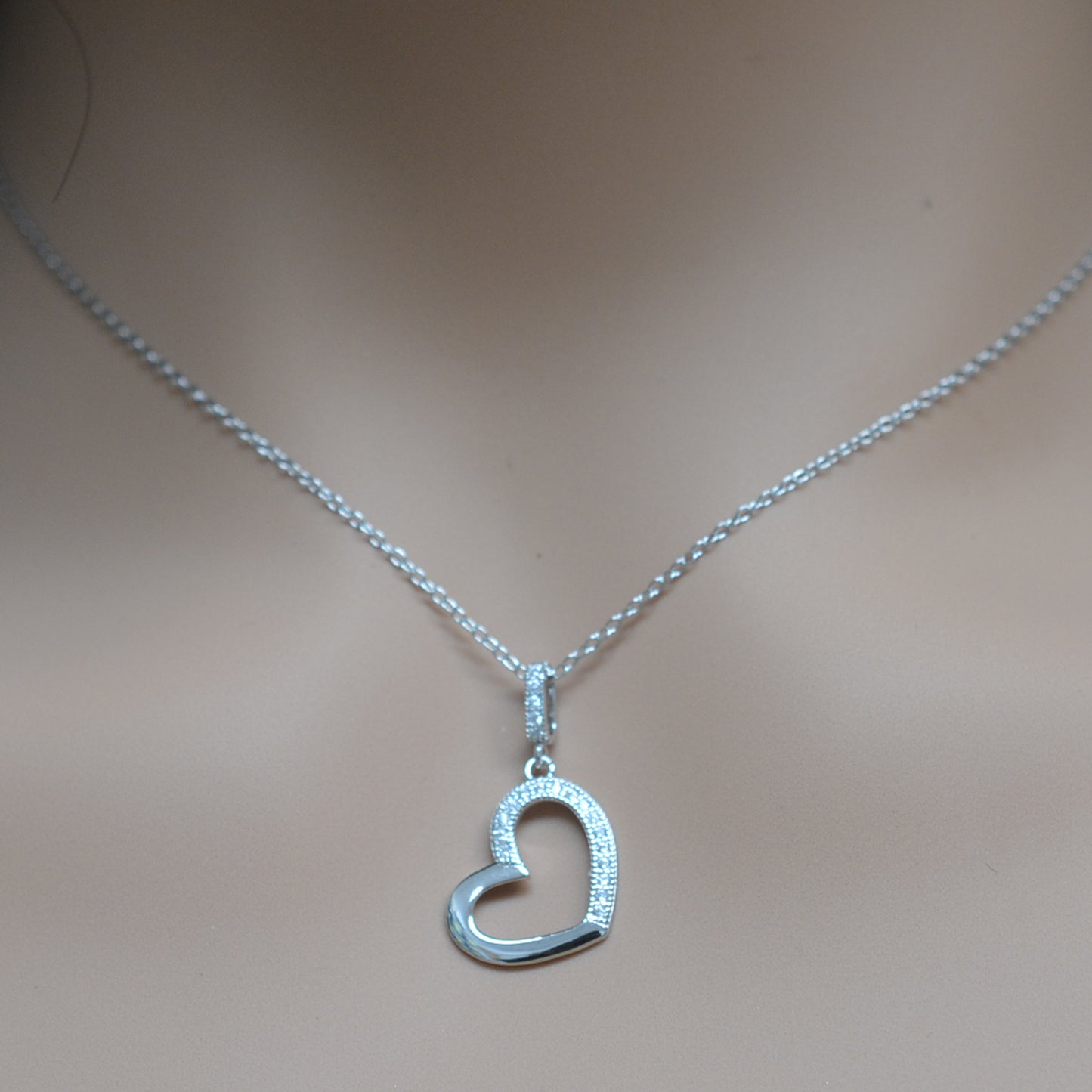 925 Sterling Silver Hollow Heart Pendant Necklace with CZ