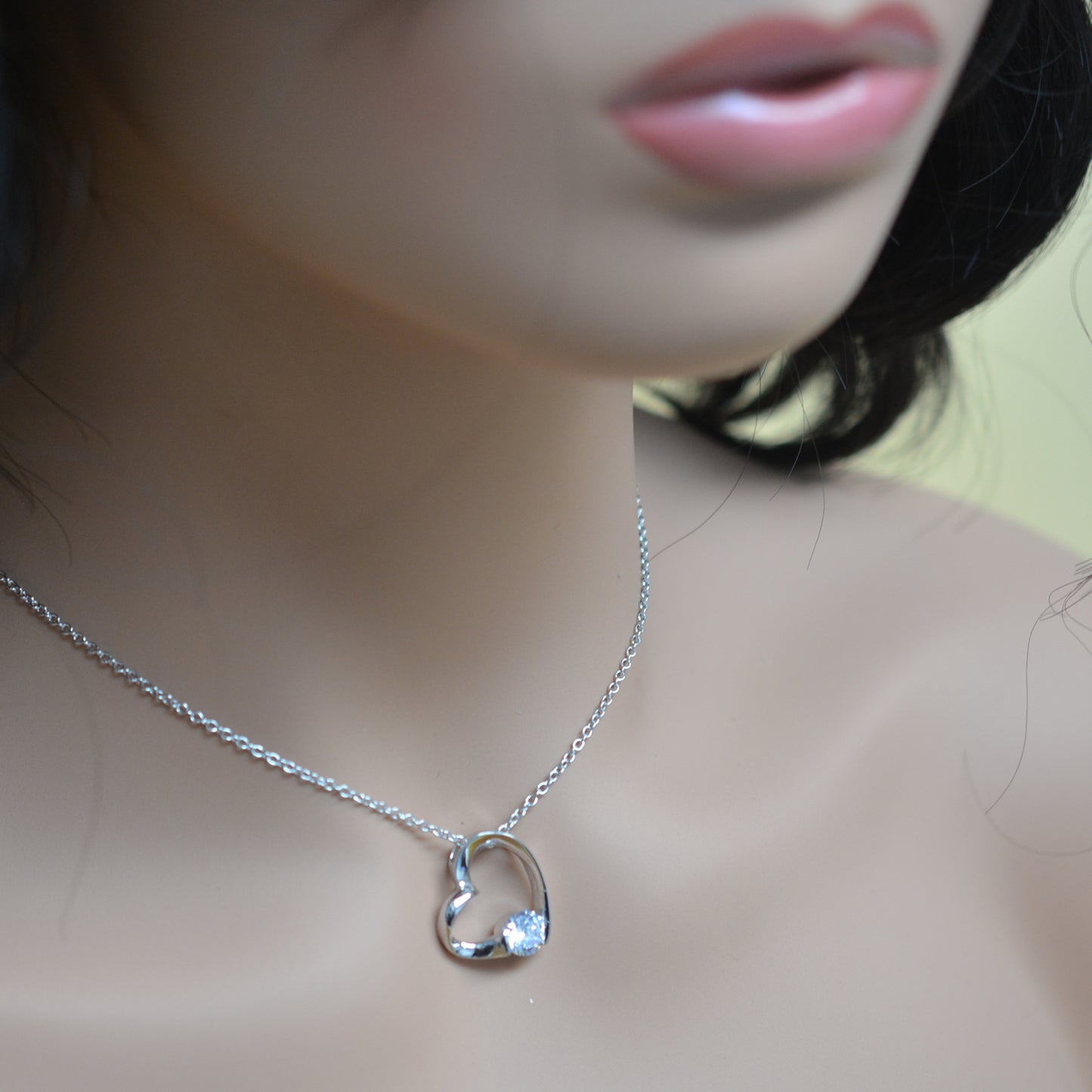 925 Sterling Silver Hollow Heart with Single Accent CZ Pendant Necklace