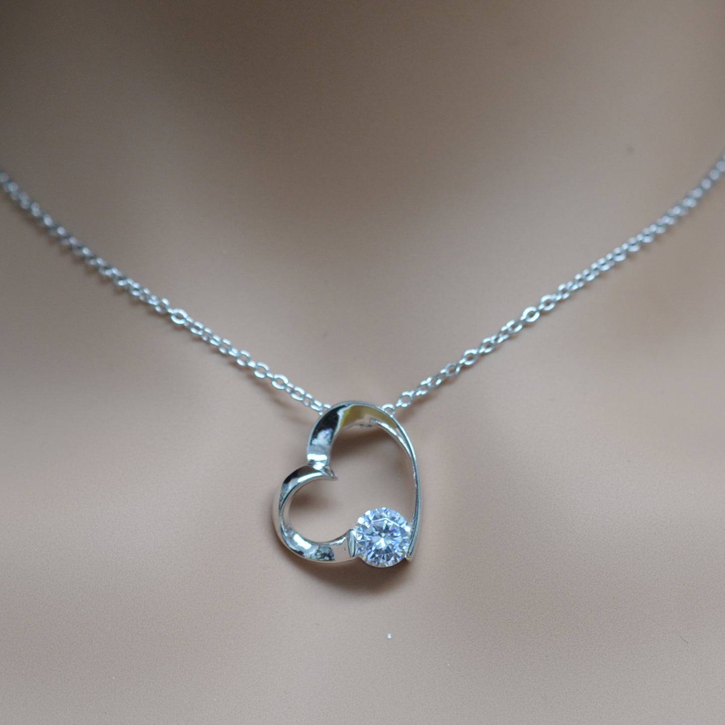 925 Sterling Silver Hollow Heart with Single Accent CZ Pendant Necklace
