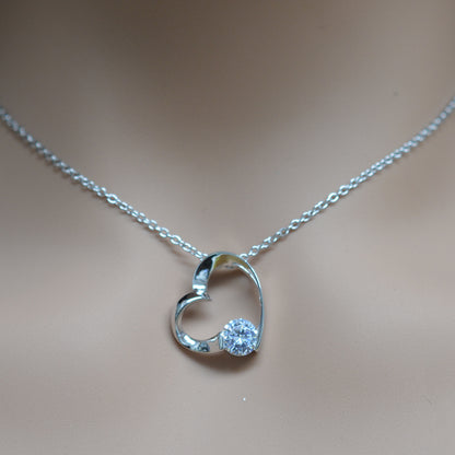 925 Sterling Silver Hollow Heart with Single Accent CZ Pendant Necklace