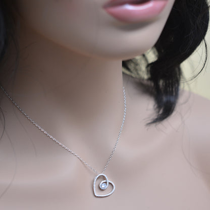 925 Sterling Silver CZ Studded Hollow Heart with Center CZ Stone Pendant Necklace