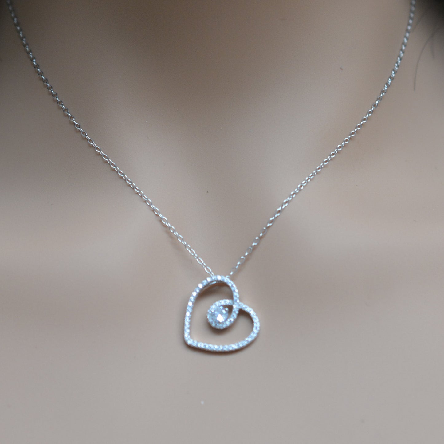 925 Sterling Silver CZ Studded Hollow Heart with Center CZ Stone Pendant Necklace