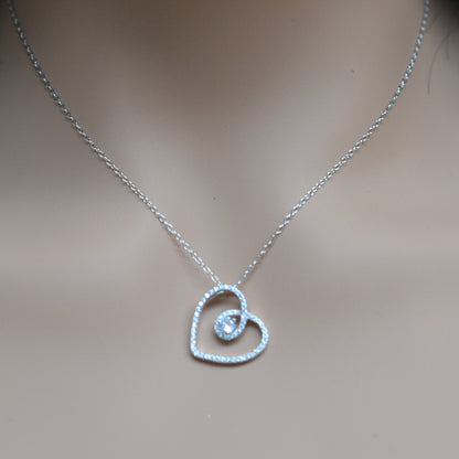 925 Sterling Silver CZ Studded Hollow Heart with Center CZ Stone Pendant Necklace