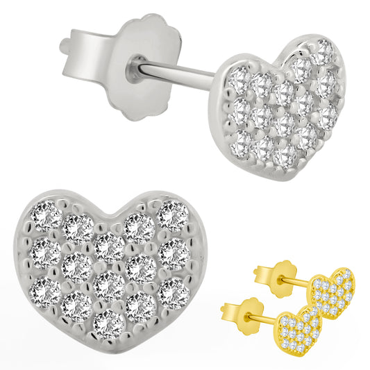 Sparkling Heart Stud Earrings, Sterling Silver CZ, Push Backs, Heart-shaped Earrings, Cubic Zirconia Jewelry