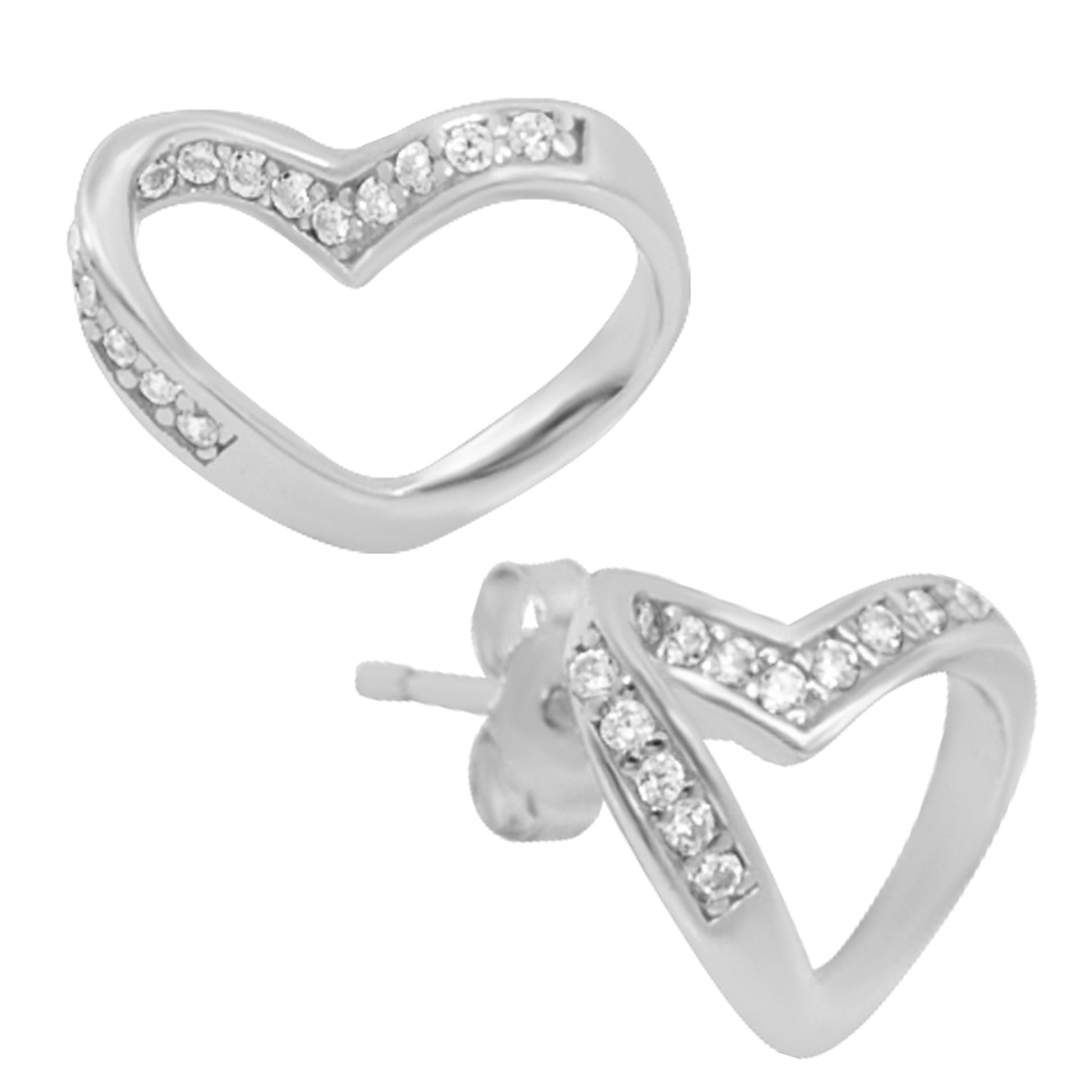 Hollow Heart Sterling Silver CZ Stud Earrings, Push Backing, Twisted Design