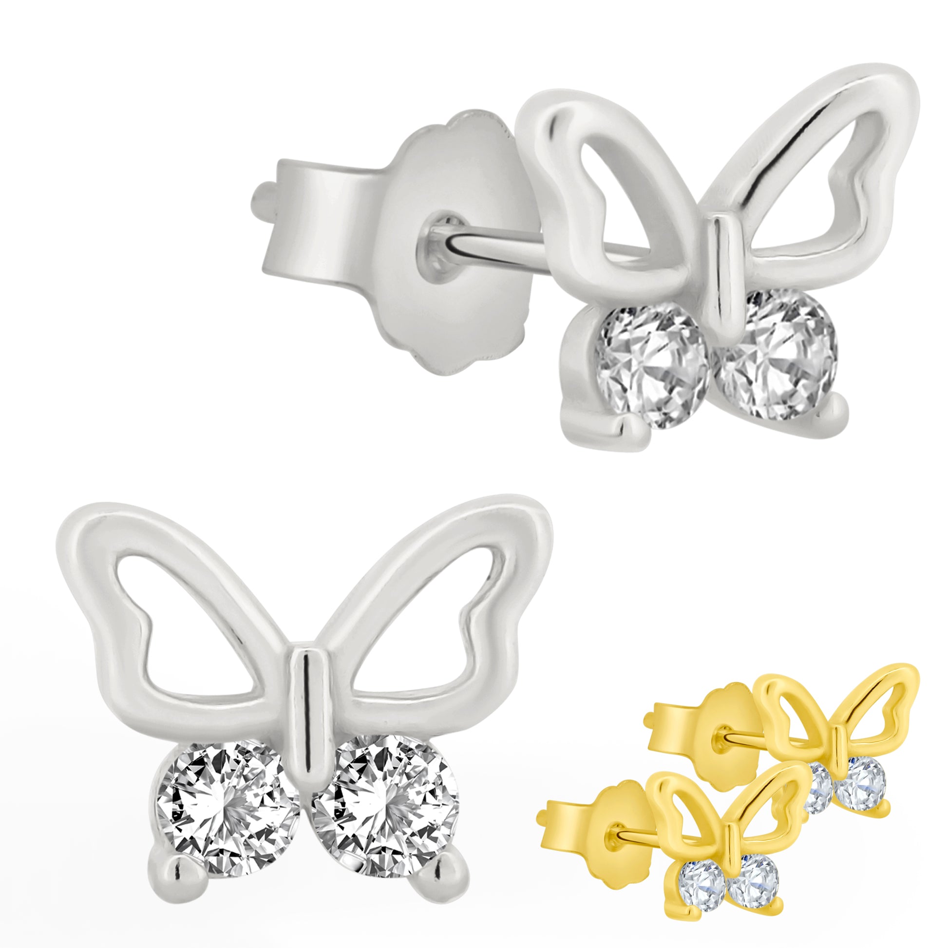 Dainty 925 Sterling Silver Butterfly Earrings, CZ Studs, Hollow Design, Push Backs