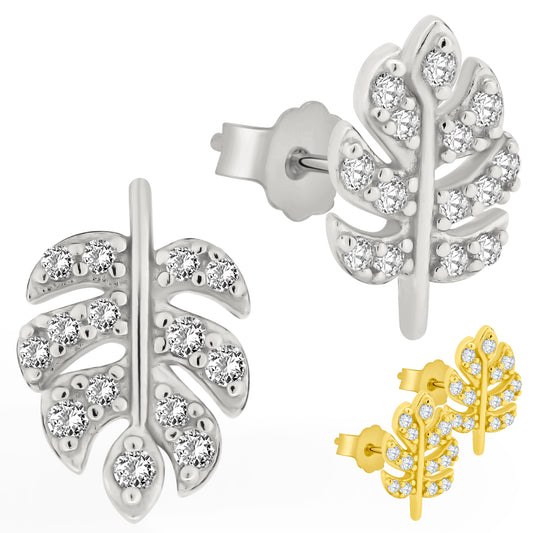 Sterling Silver Leaf CZ Stud Earrings, Rainforest Design, Push Back, Nature-inspired Jewelry