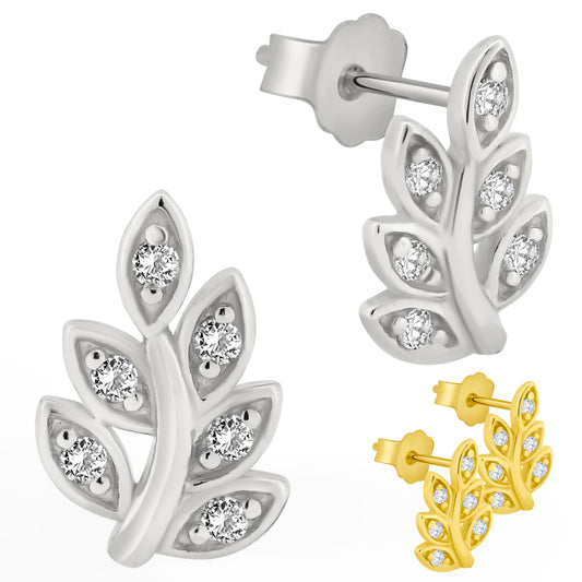 925 Sterling Silver Leaves CZ Earrings, Stud Push Backing, Nature Inspired Jewelry