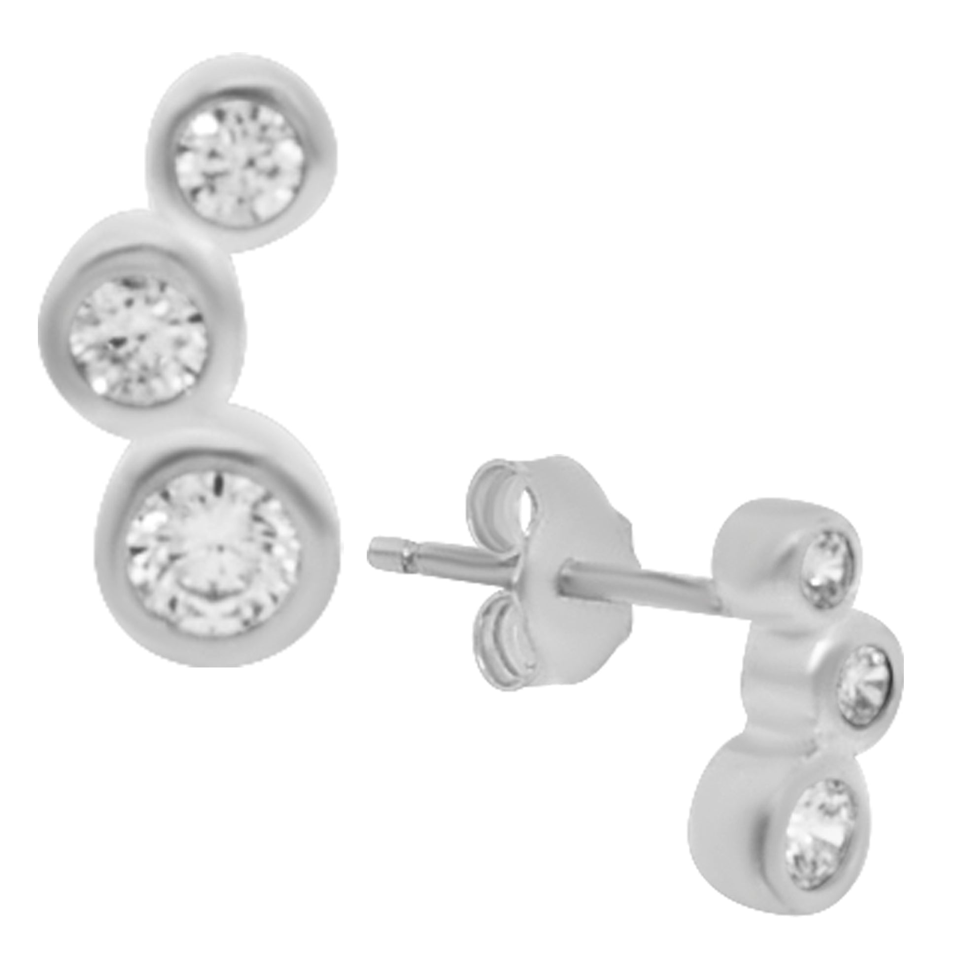 Sterling Silver Bezel Set CZ Stud Earrings, Round Design, Push Backing, Elegant Fashion