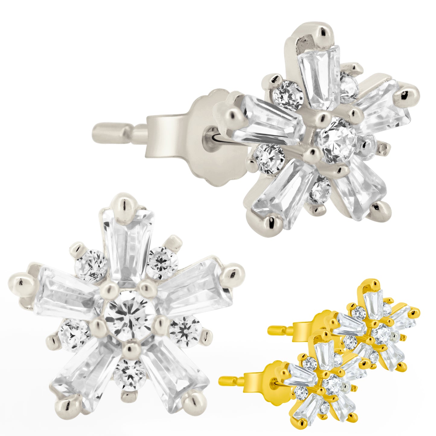 Elegant Sterling Silver CZ Stud Earrings, Starburst Design, Push Backs, Sparkly Jewelry