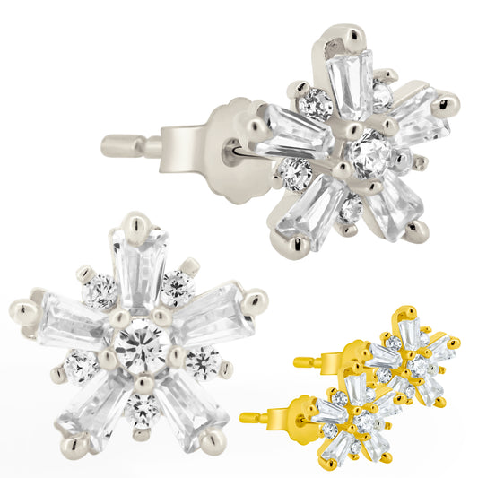 Elegant Sterling Silver CZ Stud Earrings, Starburst Design, Push Backs, Sparkly Jewelry