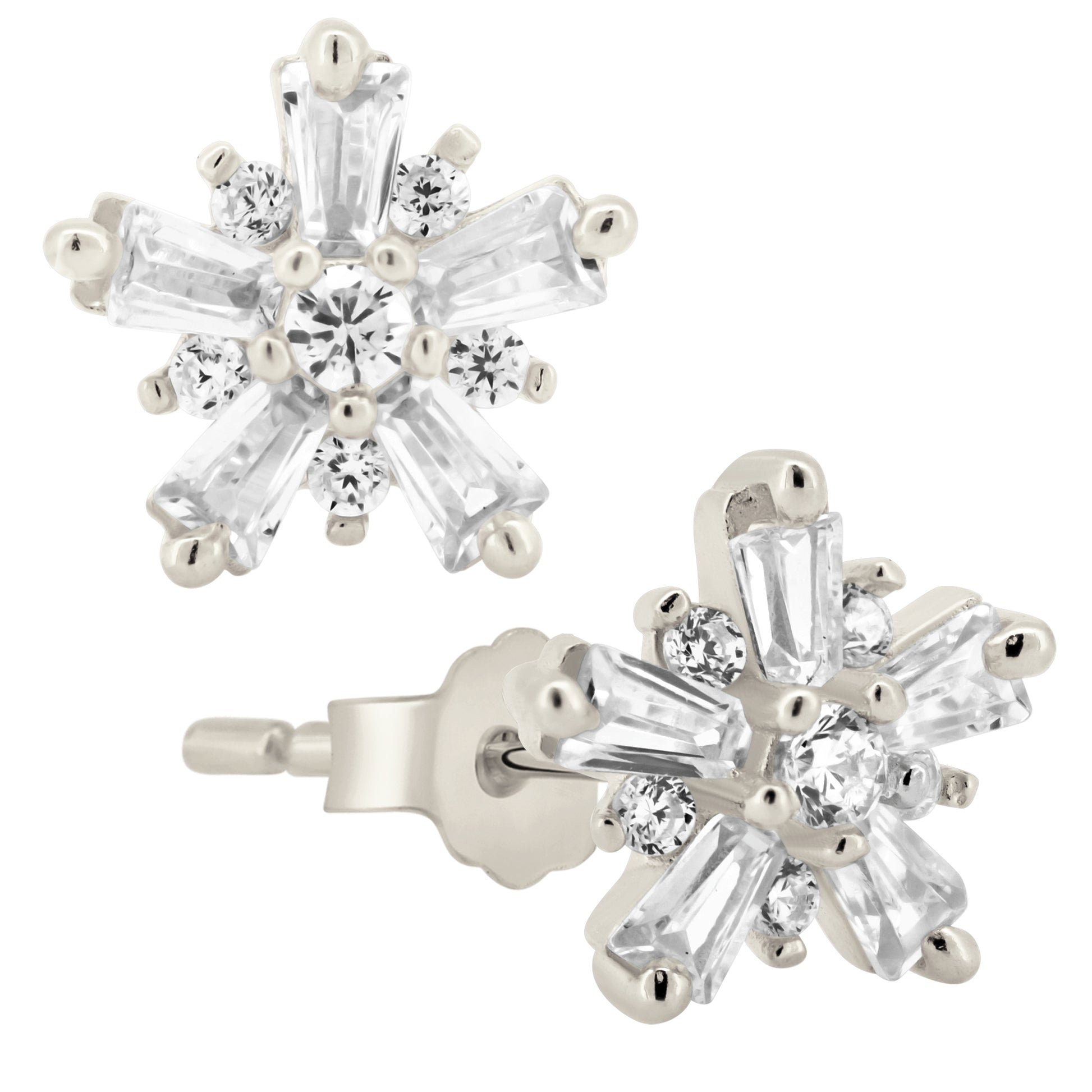 Elegant Sterling Silver CZ Stud Earrings, Starburst Design, Push Backs, Sparkly Jewelry