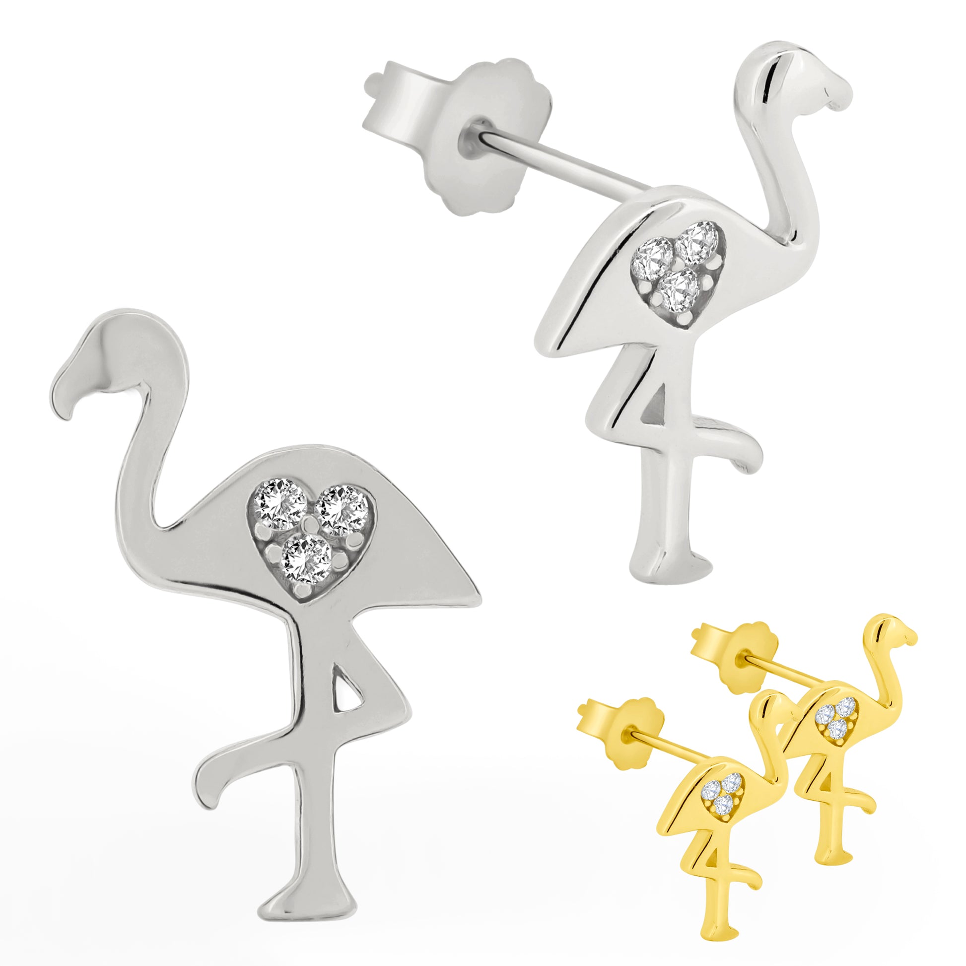 Carved Heart Flamingo Earrings, CZ Studs, 925 Sterling Silver, Bird Lover Jewelry