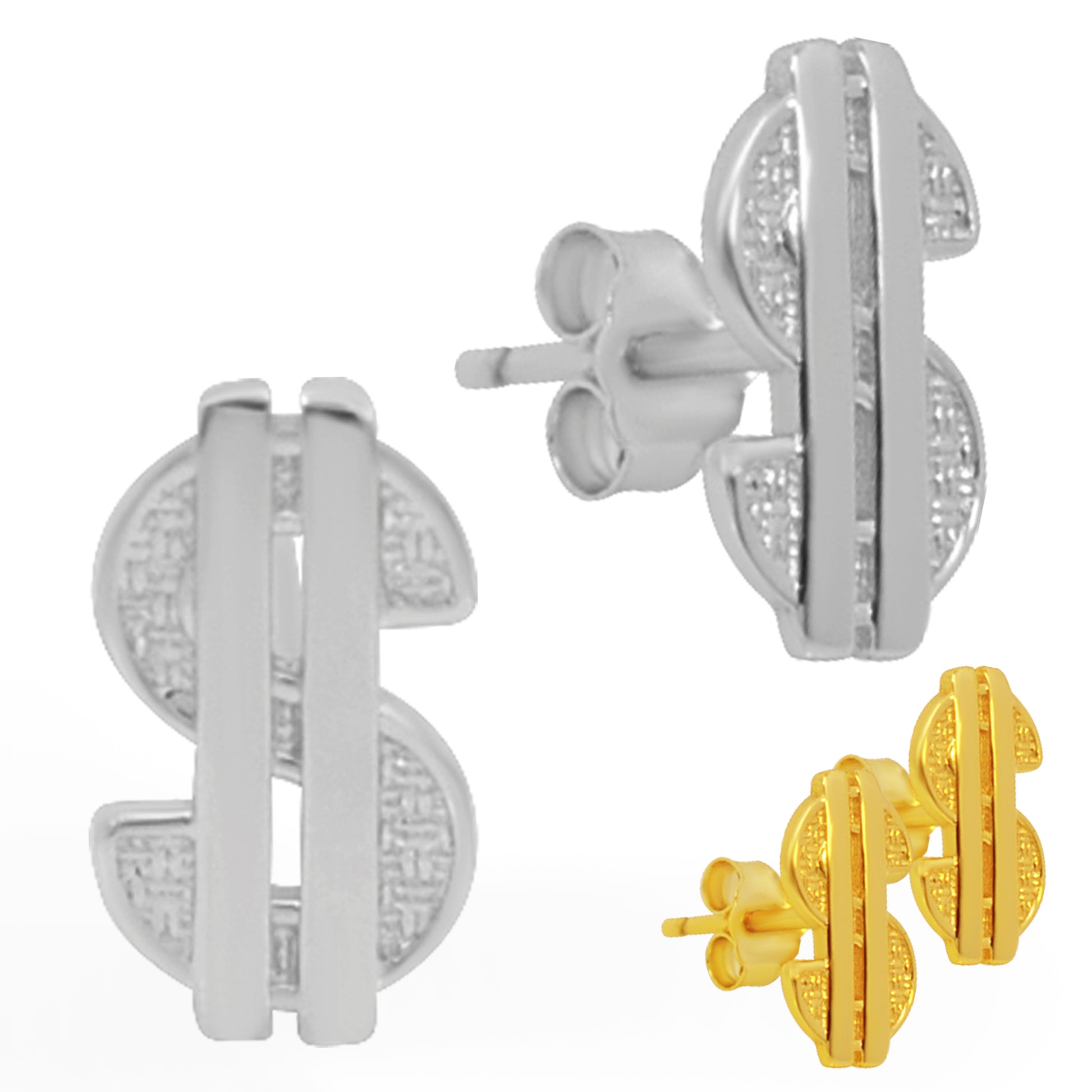 Dollar Sign Stud Earrings, Sterling Silver, Push Backing, Statement Jewelry, Unisex Design