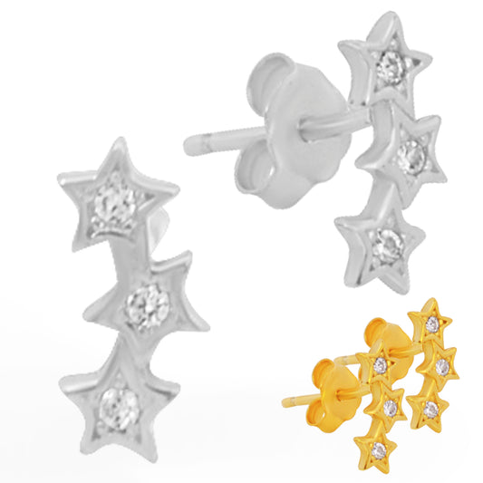 Triple Star CZ Stud Earrings, Sterling Silver Cubic Zirconia Push Backing, Sparkling Stars Jewelry
