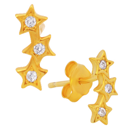Triple Star CZ Stud Earrings, Sterling Silver Cubic Zirconia Push Backing, Sparkling Stars Jewelry