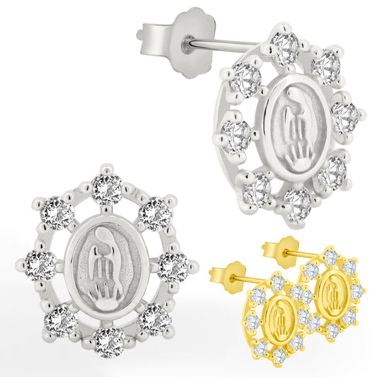 925 Sterling Silver Virgin Mary Stud Earrings, Cubic Zirconia, Push Backing, Religious Jewelry